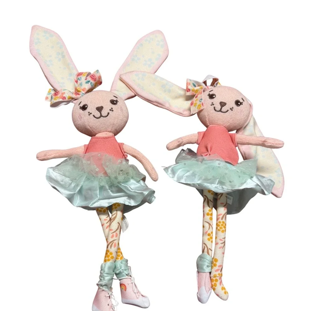 Set of 2 Plush Ballerina Bunny Dolls Pink Mint Green Tulle Tutu Floral Knit 12